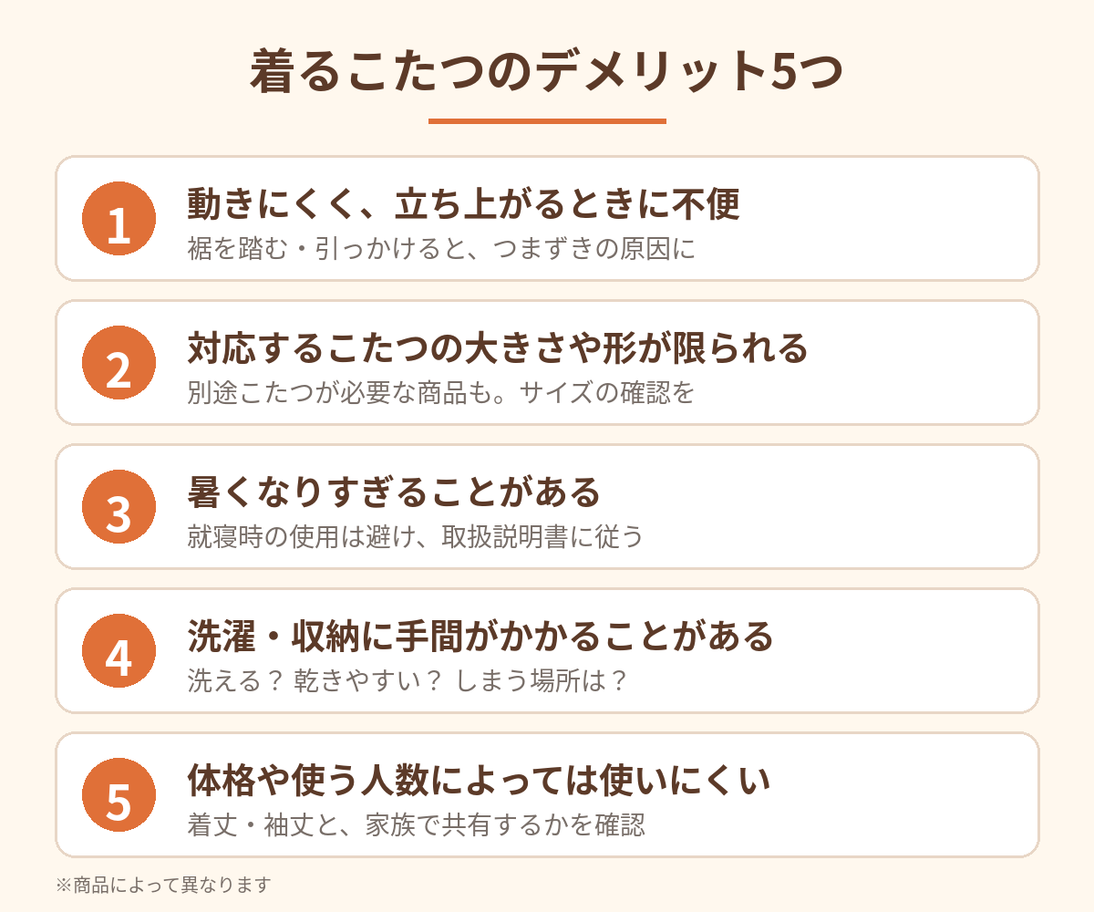 着るこたつのデメリット5つの一覧。動きにくさ、対応するこたつの限定、暑さ、洗濯・収納、体格や人数